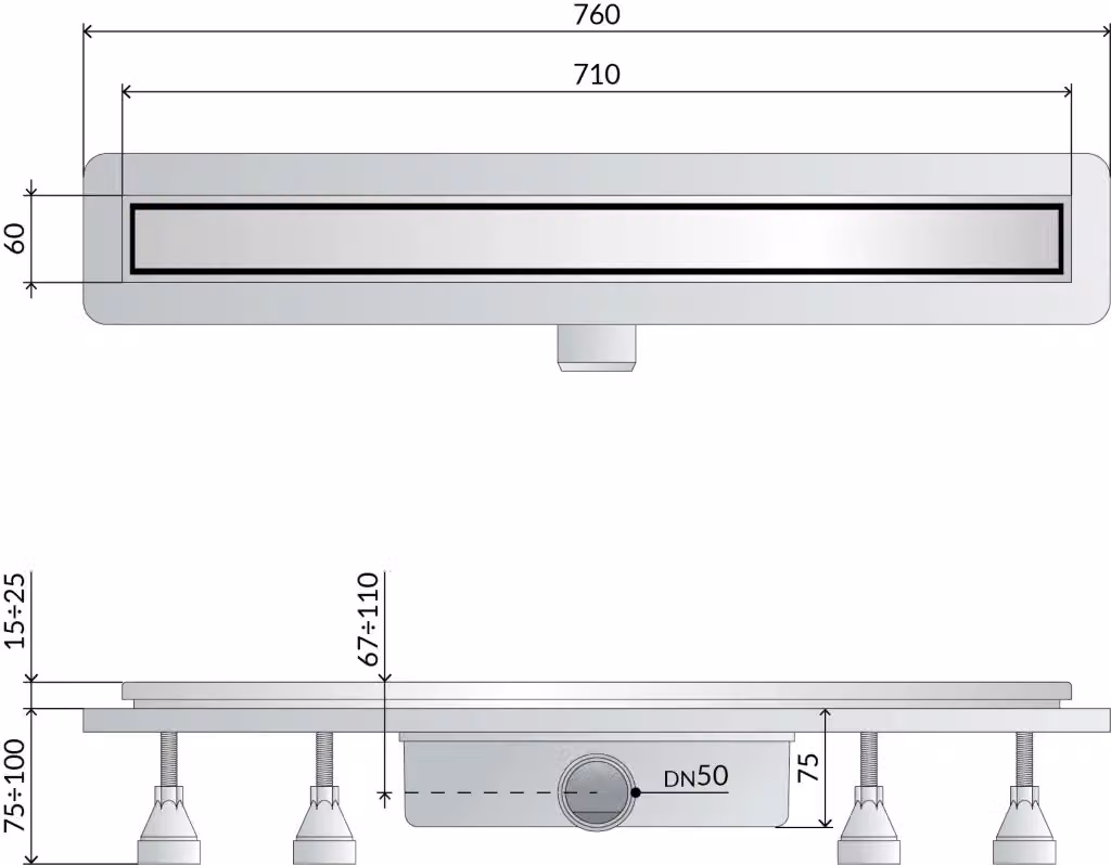 Canalina Doccia Sifonata in ABS con Griglia Piastrellabile Tea in Acciaio Inox 70 cm – 2