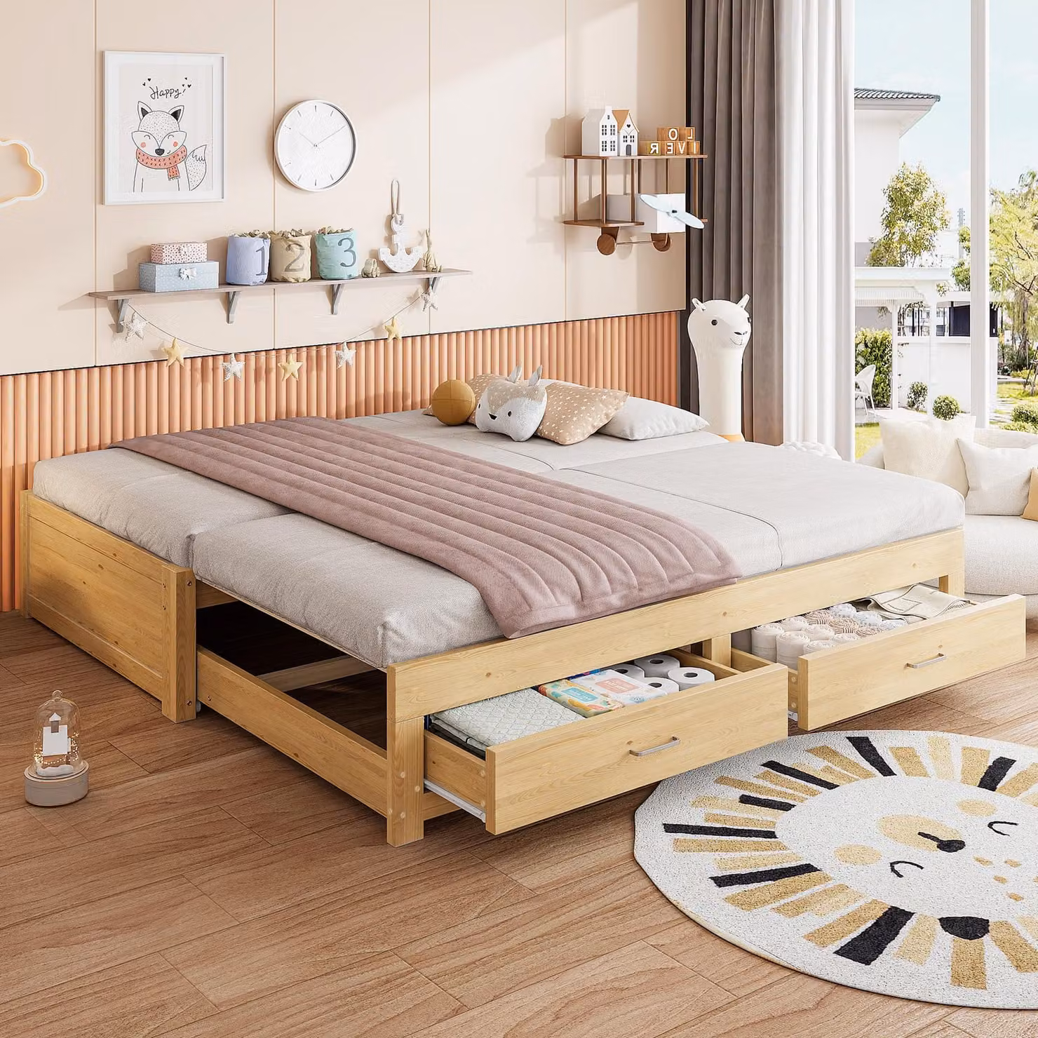 Letto per bambini okwish 90/180x190 cm con letto a estensione, divano letto con due cassetti, letto in legno color naturale, senza materasso