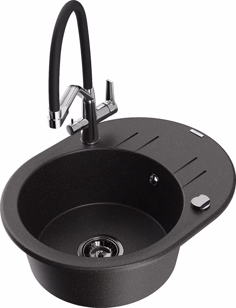 Mexen Kevin lavello in granito con 1 vasca e rubinetto da cucina Duo, nero/oro metallico - 6517-75-671701-07-B