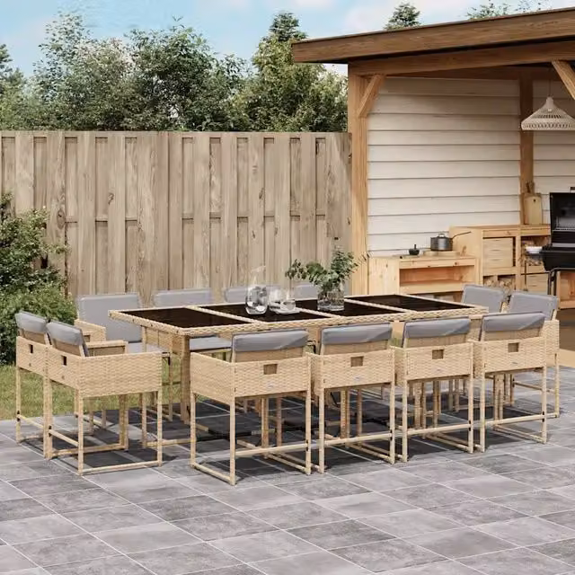 Set da giardino vidaXL in polyrattan da 13 pezzi con tavolo in vetro e cuscini beige e grigi – 1