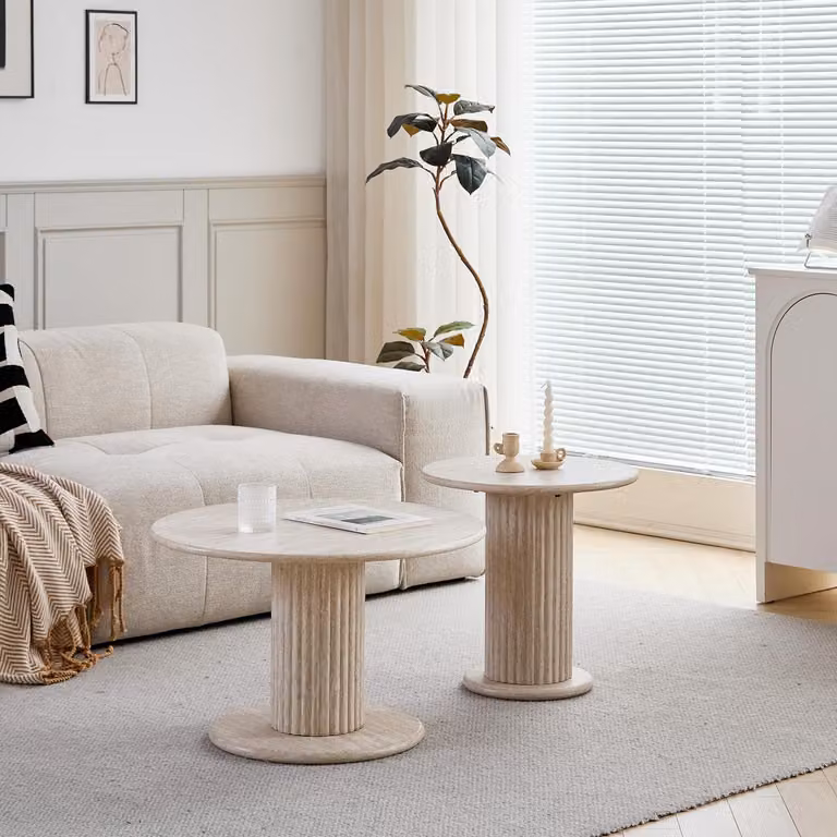 Set di tavolini da caffè, 2 pezzi, forma rotonda, impilabili, in MDF, colore giallo, per soggiorno