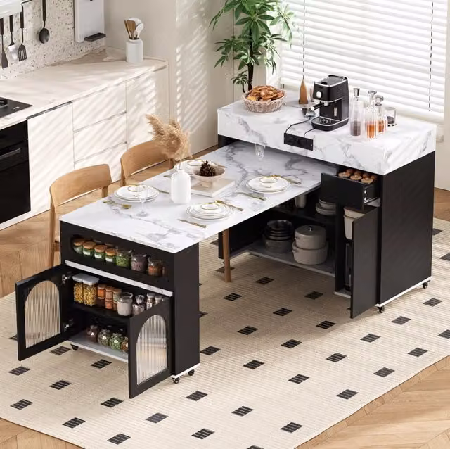 Isola cucina estensibile con prese e ruote, nera