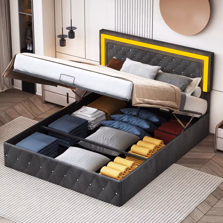 Letto imbottito ProximaX nero 160x200cm, letto matrimoniale con contenitore, testata regolabile in altezza, illuminazione LED e rete a doghe, rivestimento in velluto