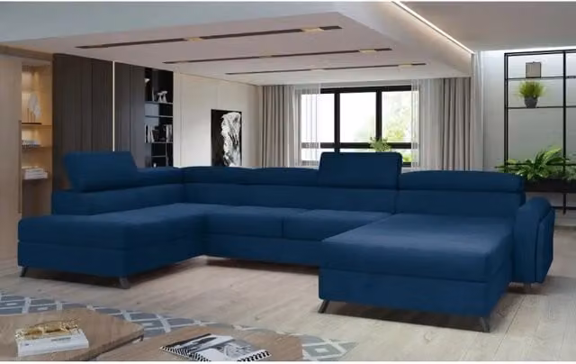 Divano panoramico CLOTIS MEUBLORAMA blu, modello a U con angolo sinistro, 5 posti, con funzione letto, poggiatesta regolabile e seduta con contenitore sollevabile
