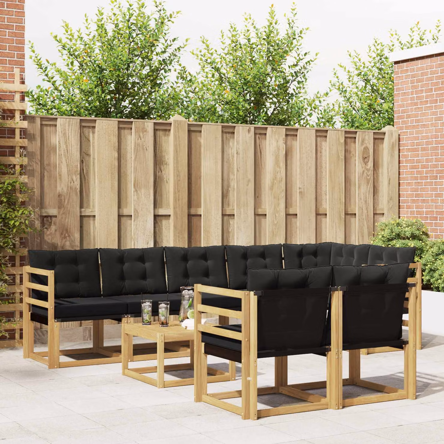 Set di divani da esterno moderno vidaXL in legno di acacia e textilene, 9 pezzi, Bianco, Nero e Marrone