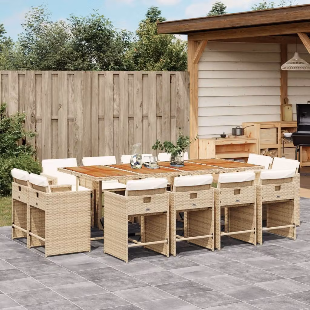 vidaXL Set da Pranzo da Giardino 13 pz in Polyrattan con Cuscini Beige e Legno di Acacia – 1