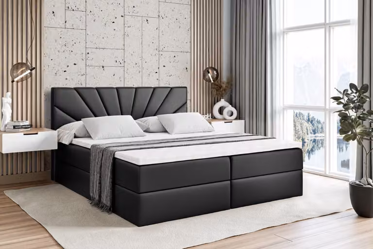 Letto boxspring ALTDECOR MILTIO, letto imbottito con testiera e contenitore - Materasso a media rigidità (H3) - 140x200 - Ecopelle nera