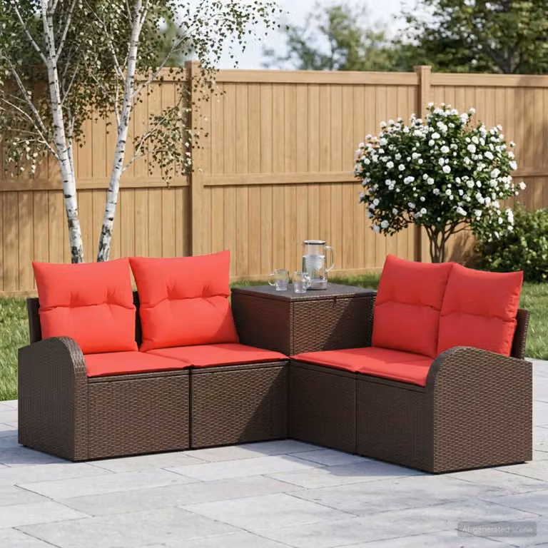 vidaXL Set di divani da giardino a forma di L composto da 5 pezzi in rattan e acciaio con cuscini marroni e rossi