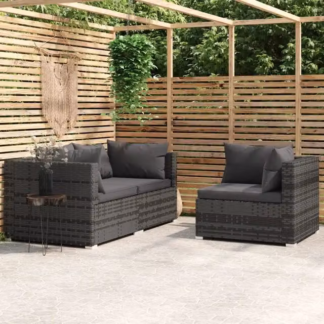 Set Divani da Giardino 3 pz con Cuscini in Polyrattan Grigio 317516