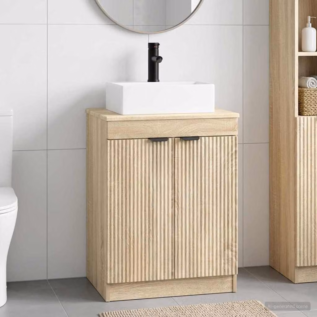 Set di mobili per il bagno moderno vidaXL in legno ingegnerizzato e MDF colore rovere marrone con ante a battente e ripiani interni, freestanding
