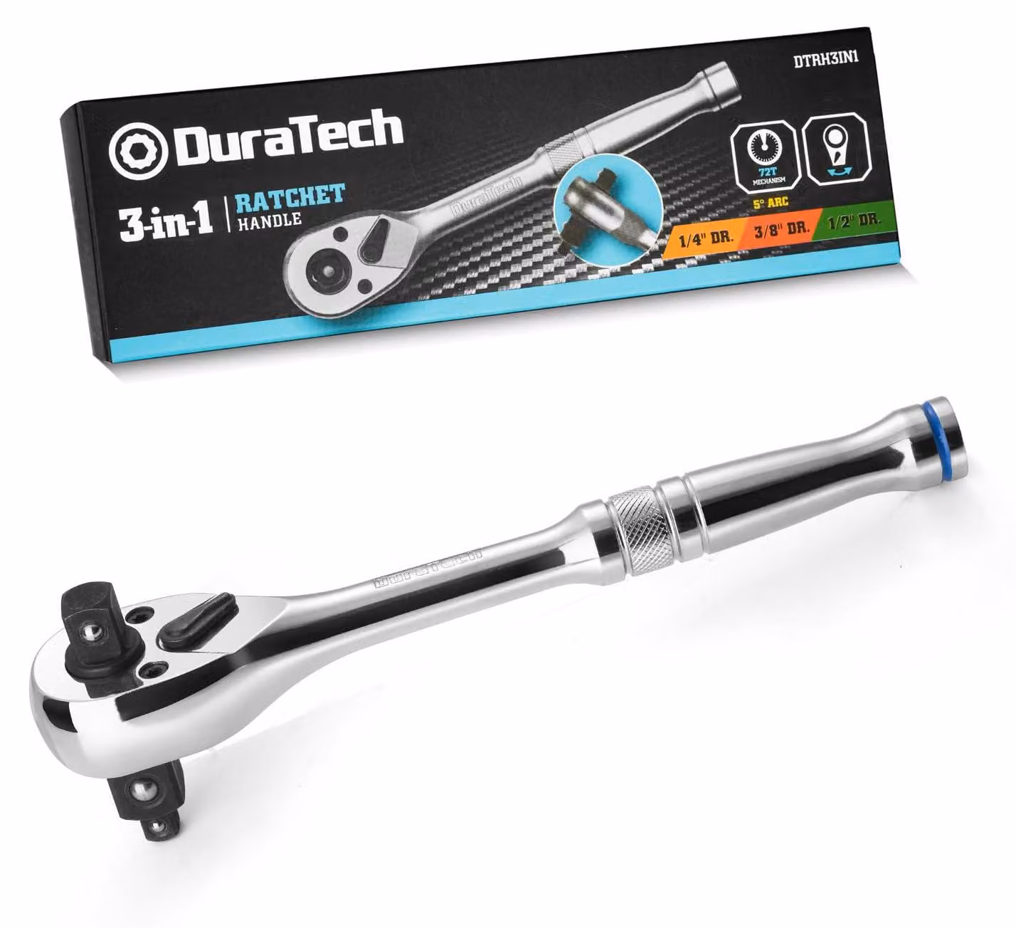 DURATECH Chiave a cricchetto multifunzione 3-in-1, 180 mm, con attacco da 1/4, 3/8 e 1/2 di pollice