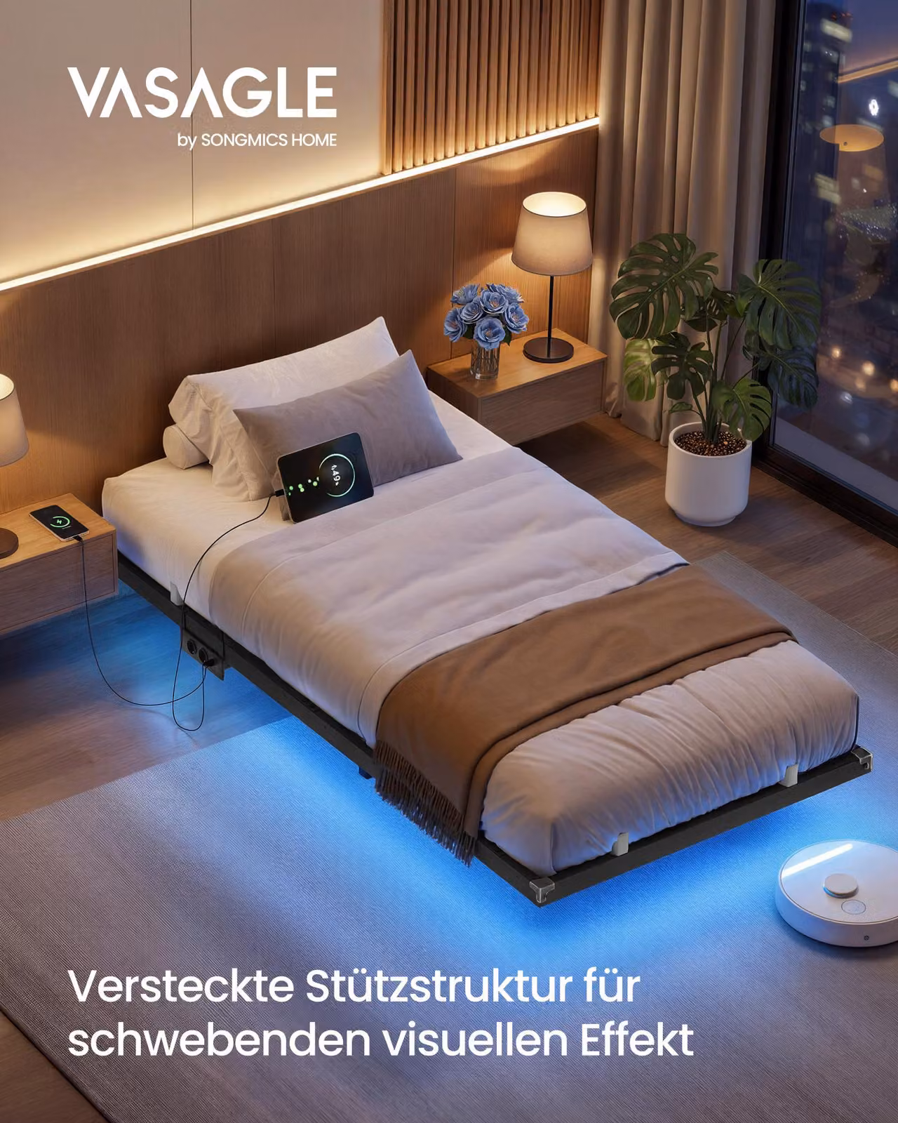 Struttura letto VASAGLE 90 x 200 cm con illuminazione a LED, porta USB-C, presa multipla, per camera da letto, portata massima 250 kg, nero