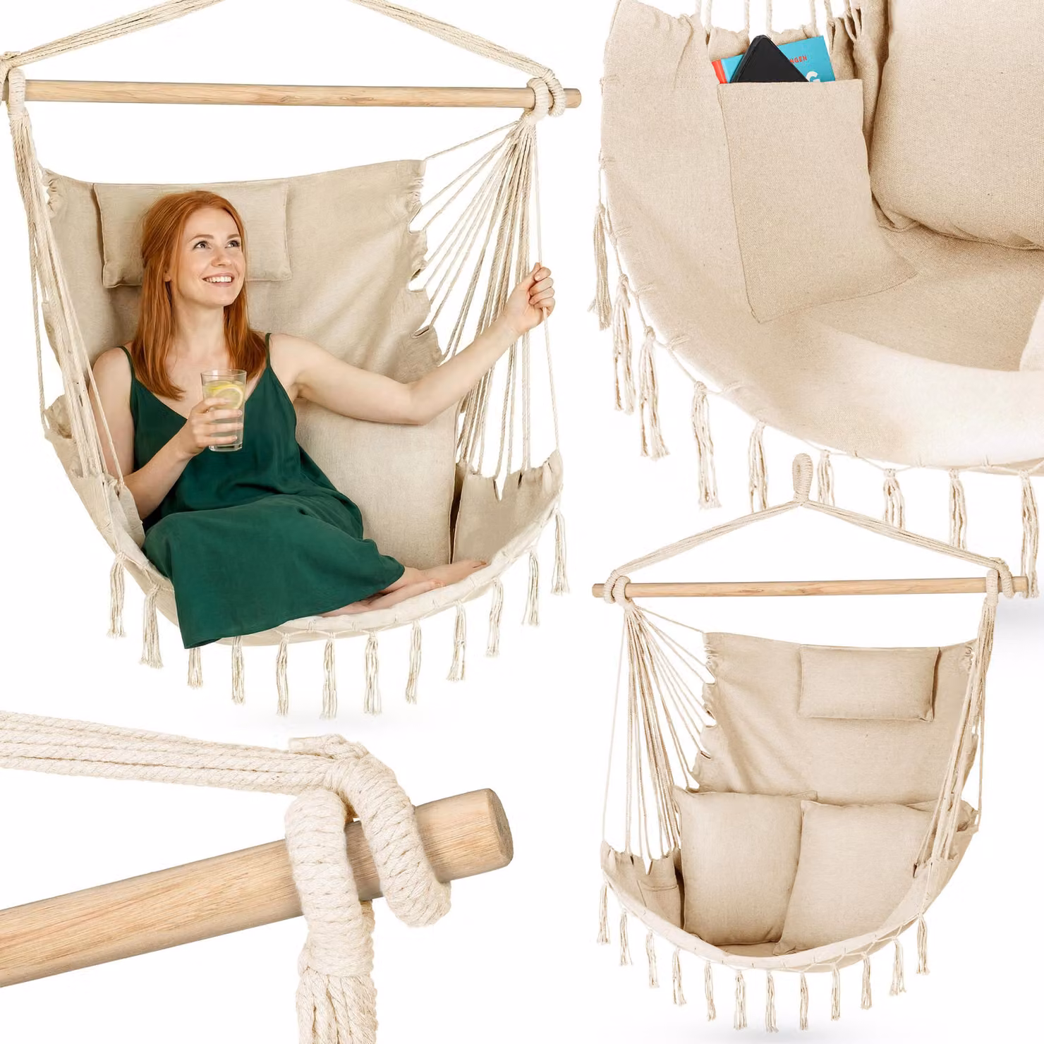 Outtec® Sedia sospesa con 3 cuscini - 100x130x75cm, fino a 140 kg - Poltrona con frange boho, borsa a sacco, altalena per esterni, giardino, balcone, casa - Beige