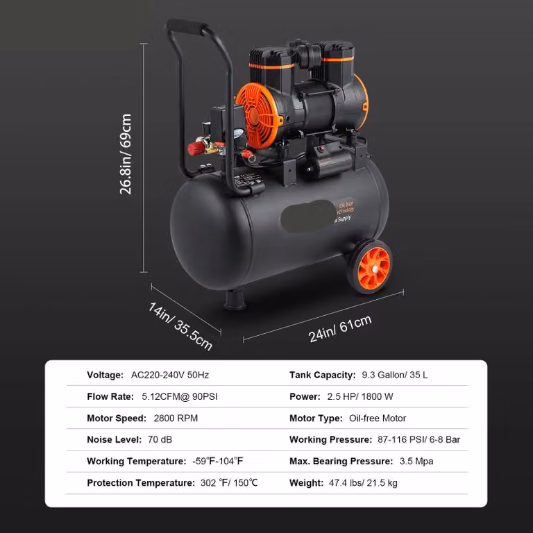 Compressore d'aria - Compressore silenzioso - Pompa d'aria - Compressore portatile senza olio - 35L - 1800W