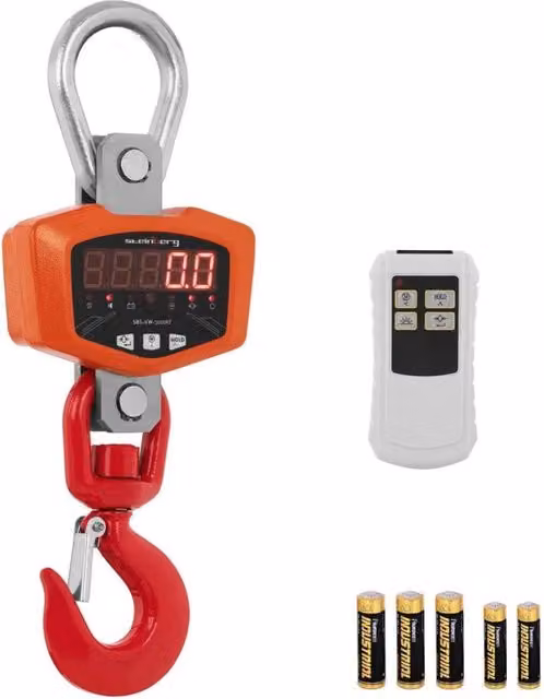 Pesatrice a gancio arancione in alluminio con display LED, capacità 3 t e precisione 0,5 kg – 1