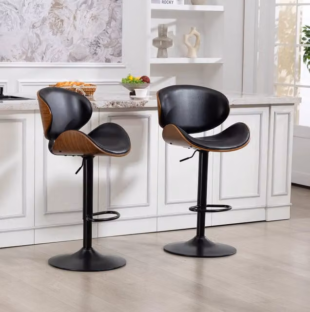 Sgabello da bar MODFU girevole a 360° con schienale ergonomico in ecopelle nera e finitura opaca