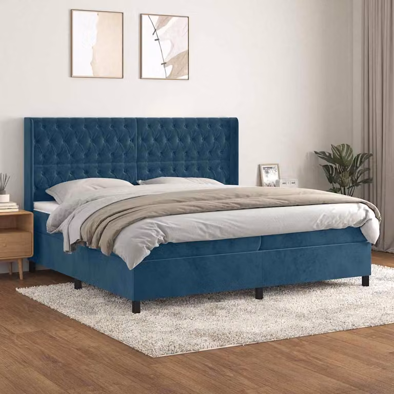 vidaXL Letto Ibrido con Giroletto a Molle e Materasso in Velluto Blu Scuro e Bianco, Struttura in Legno di Larice e Metallo, L/P: 200 x 200 cm