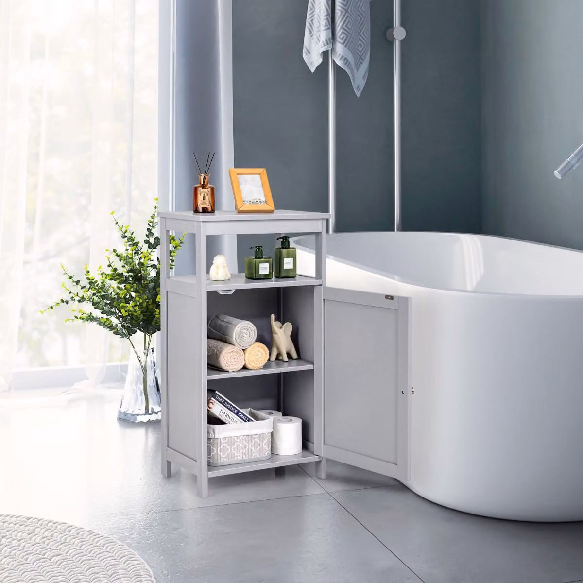 Armadietto da bagno moderno Costway in legno Grigio con anta singola e mensola regolabile
