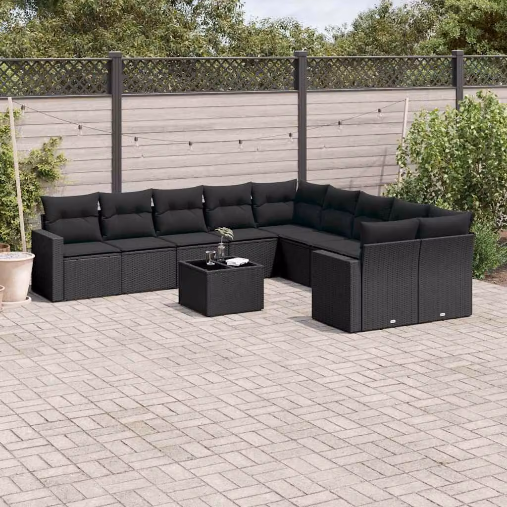 vidaXL Set Divani da Giardino 11 pz a Forma a L in Polyrattan Nero con Cuscini e Tavolino da Esterno – 1