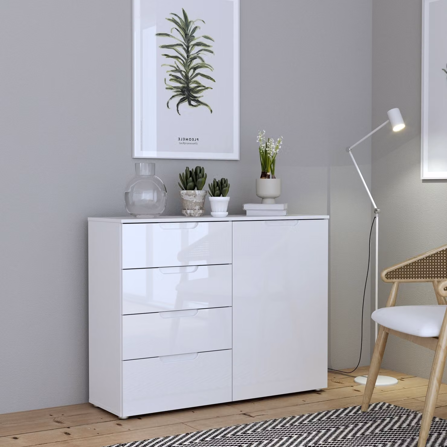 Cassettiera >SIENNA< in foglio decorativo bianco lucido - 110,1x84,9x34,4cm (LxAxP)