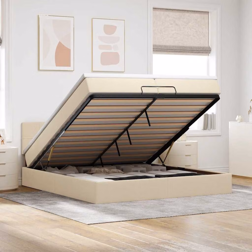 vidaXL Struttura Letto con Contenitore a Sollevamento, Colore Beige e Bianco, L 200 x P 200 x H 280 cm – 1