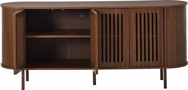 Credenza moderna 160x40x70 cm in MDF color noce con 4 ante scorrevoli traforate e ripiani regolabili, gambe metalliche nere per soggiorno e sala da pranzo