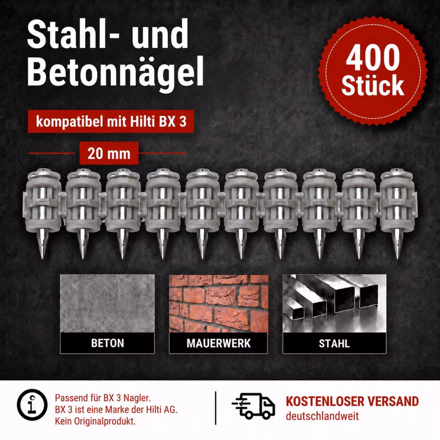 Chiodi in acciaio e cemento da 20 mm, confezione da 400 pezzi, compatibili con il sistema di fissaggio per muratura Hilti BX 3