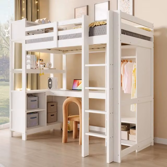 Letto a castello WISHDOR per bambini con scrivania, scaffali e armadio, bianco, L/P/H: 200 x 90 x 189,5 cm