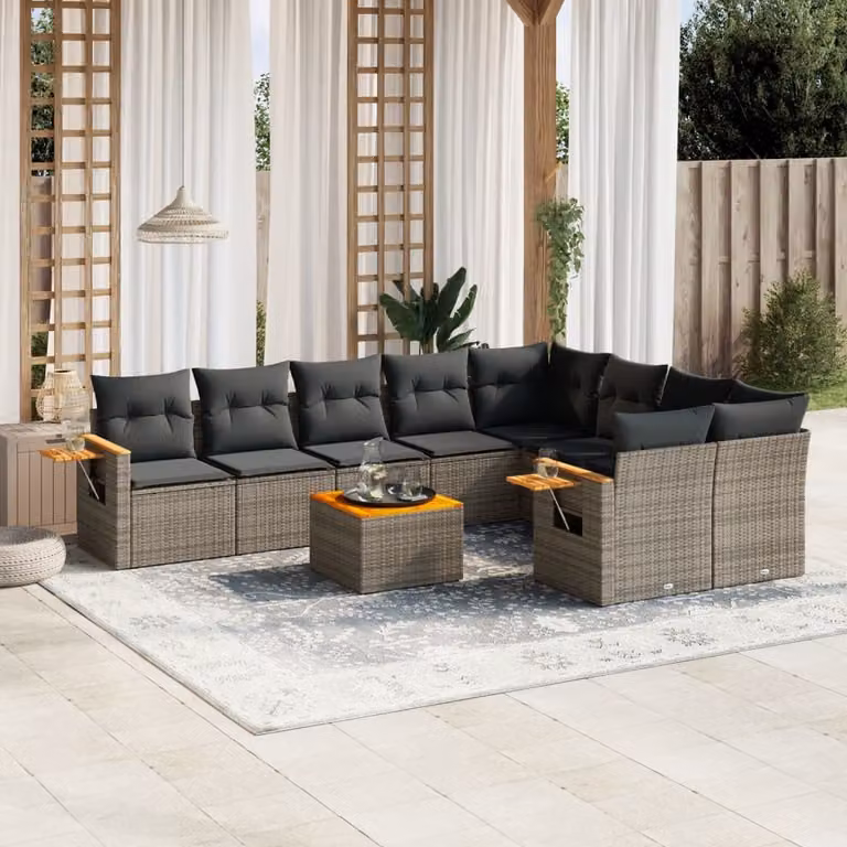 Set Divano da Giardino vidaXL 10 pz in Polyrattan Grigio con Cuscini e Tavolino da Caffè