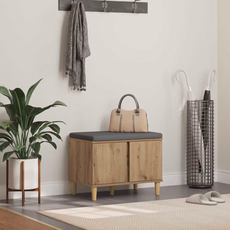 vidaXL Panca per scarpe moderna in legno rovere con cuscino in tessuto grigio, L 60 x P 38 x H 46 cm