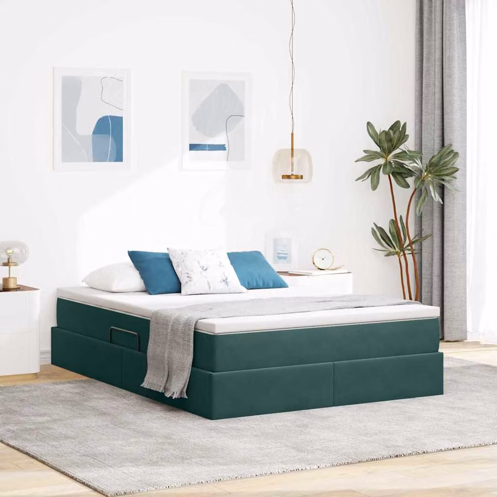 Letto con contenitore e materasso ibrido vidaXL in velluto verde e nero L 140 cm x P 200 cm, H 280 cm – 1