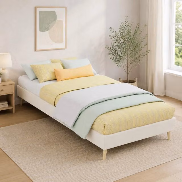 Letto singolo ULEVR 90x200 cm in tessuto beige con struttura in metallo, design moderno minimalista