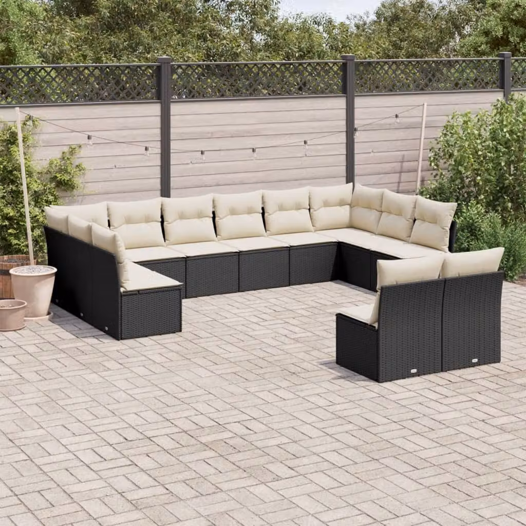 Set di Divani da Giardino a Forma di U vidaXL in Polyrattan Nero con Cuscini e Struttura in Acciaio – 1