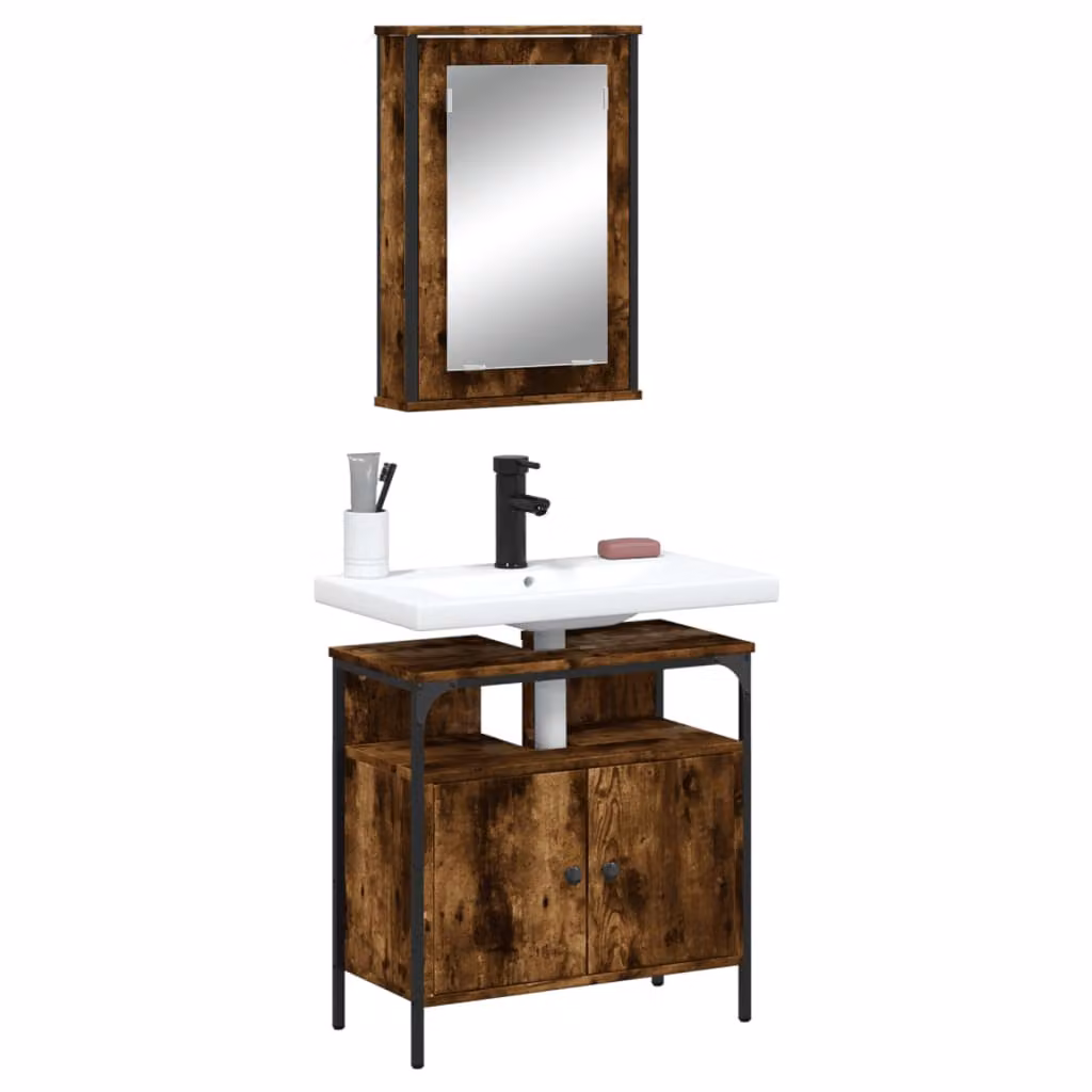 Set Mobili da Bagno vidaXL 2 Pezzi in Stile Industriale Marrone con Mobile Lavabo e Armadietto con Specchio