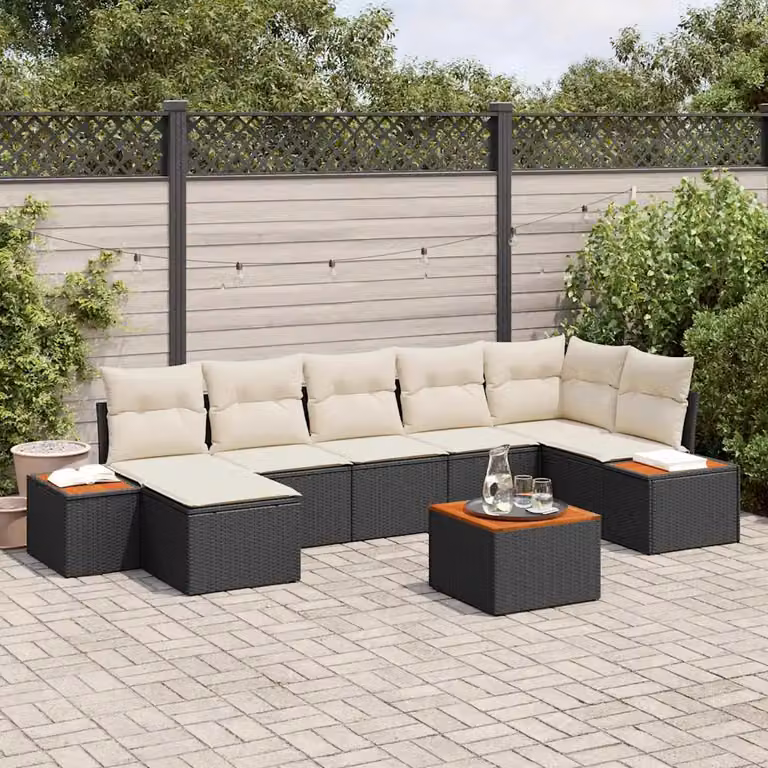 Set Divano da Giardino vidaXL 8 Pezzi con Cuscini Nero e Beige