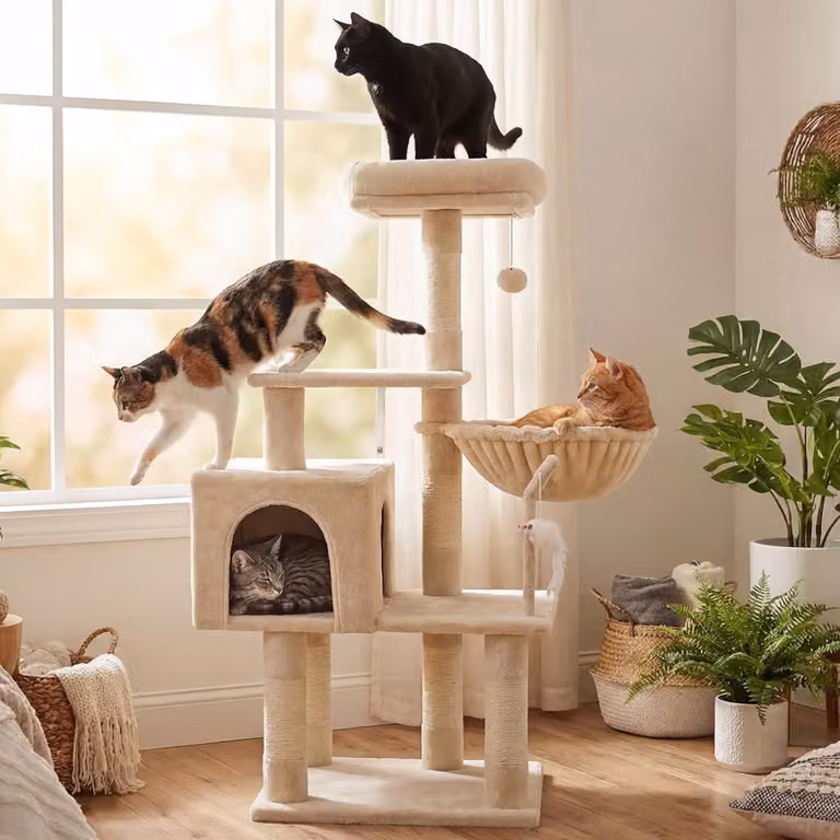 Albero per gatti Kratzbaum, altezza 111 cm, con amaca, giochi, pali in sisal e piattaforma, colore beige, per uso interno