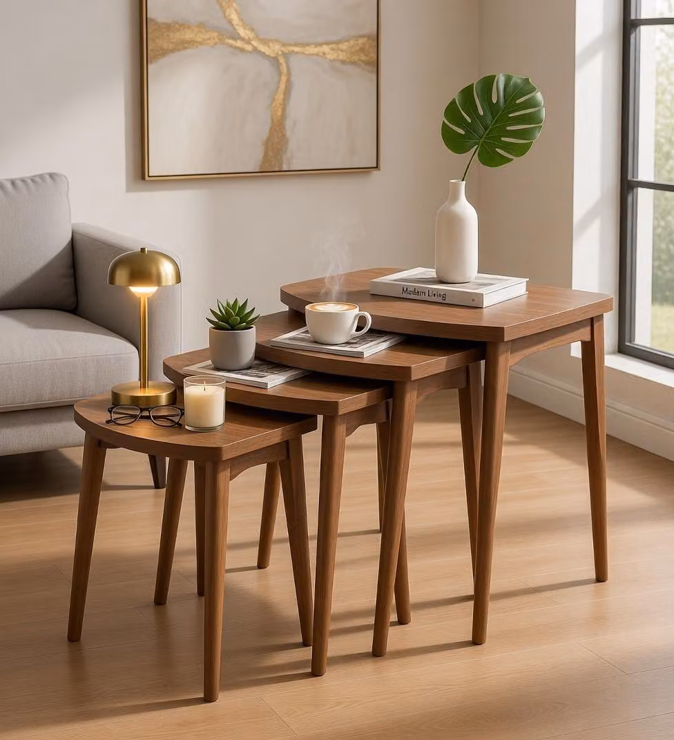 Set di tavolini impilabili in legno, design moderno, gambe alte, ideali per il soggiorno, pratici