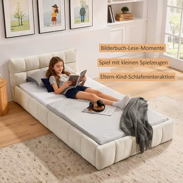 Letto per bambini singolo 90 × 200 cm con rivestimento in ciniglia, senza materasso, in legno e ferro beige