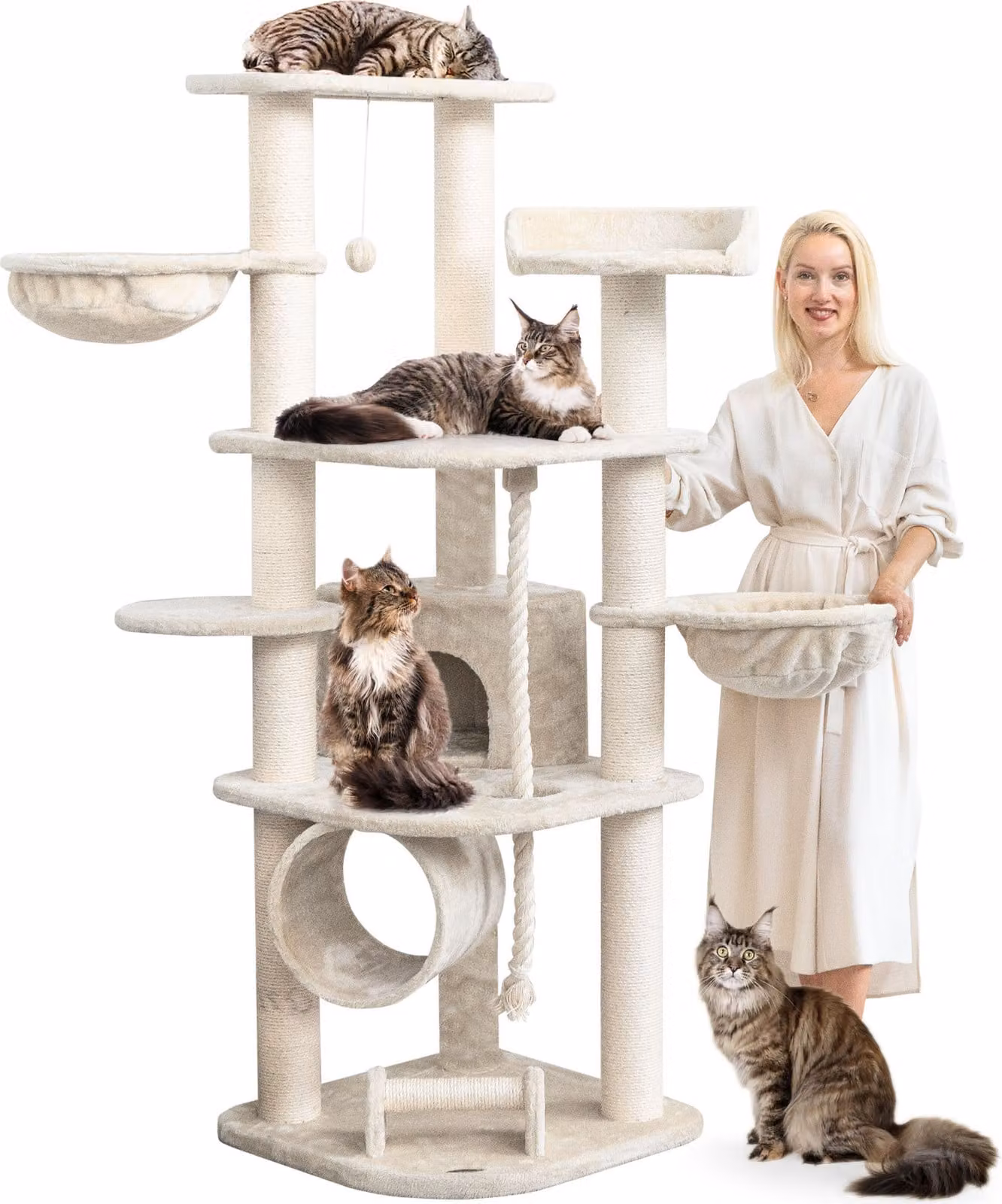HAPPYPET Grande tiragraffi stabile "Parker" 171 cm - 11 cm tronchi, grandi cucce, rotolo tiragraffi, albero tiragraffi XXL per gatti, color crema