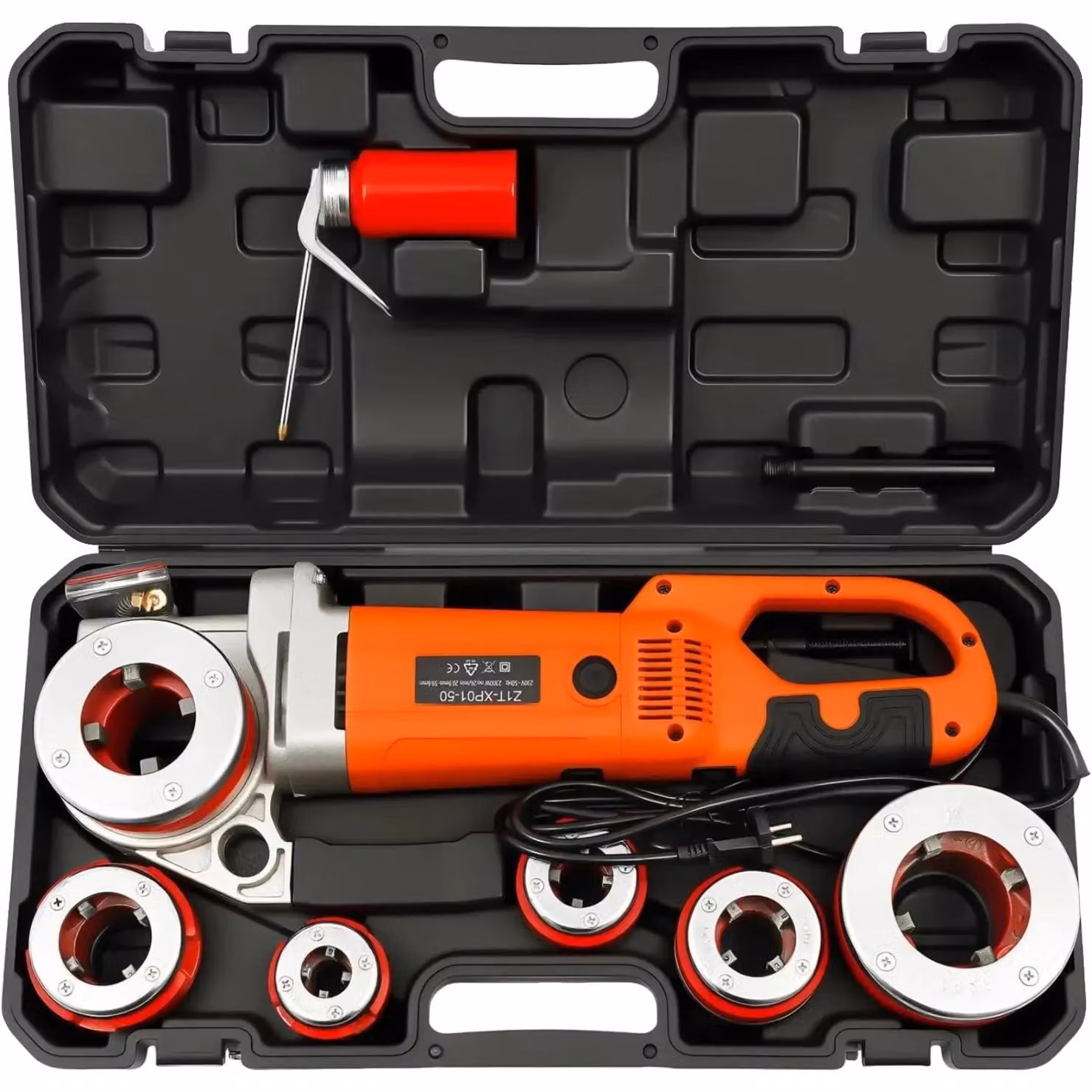 Filettatrice elettrica, motore da 2300 W, 26 giri/min, compatibile con tubi di diametro compreso tra 21 e 50 mm, filettature da 1/2" a 2", design leggero ed ergonomico.
