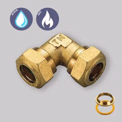 RACCORDO CURVO DOPPIO A COMPRESSIONE CON O-RING GIALLO PER GAS TIEMME Ø22 x Ø22 mm