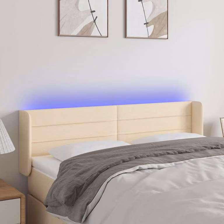 Testiera per letto vidaXL in tessuto beige con illuminazione LED e porta di ricarica USB, L 147 x P 16 x H 78/88 cm