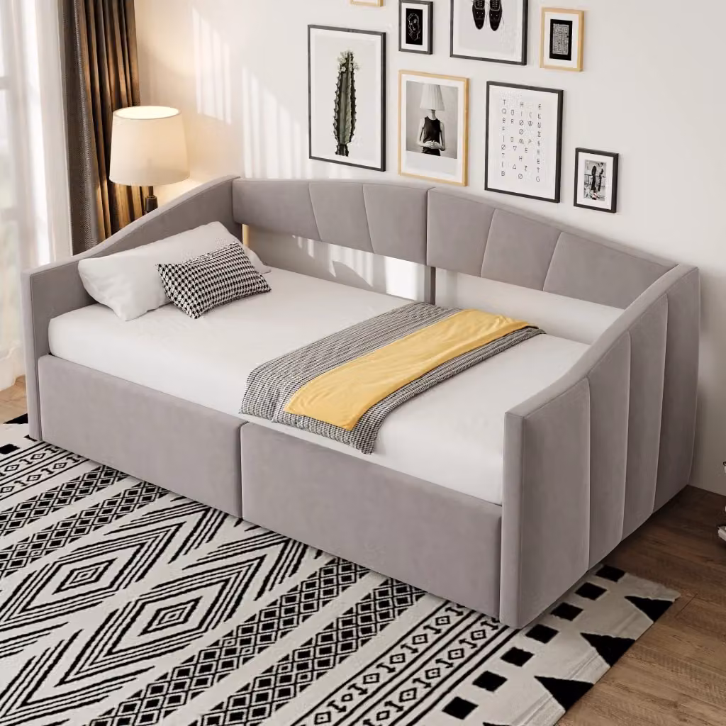 Letto a divanetto singolo con contenitore idraulico e braccioli in tessuto grigio, L/P: 90 x 200 cm – 2