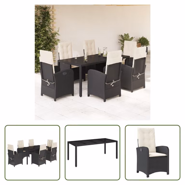 The Living Store Set da pranzo da giardino 7 pezzi con cuscini in polirattan nero