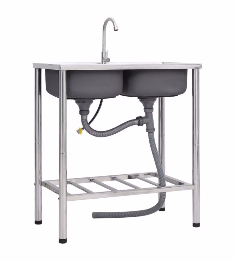 Lavello da Campeggio Vasca Doppia con Rubinetto in Acciaio Inox