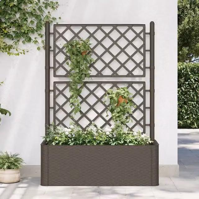 Letto rialzato da giardino con graticcio e irrigazione vidaXL, marrone, L/P/H: 142 x 90 x 43 cm
