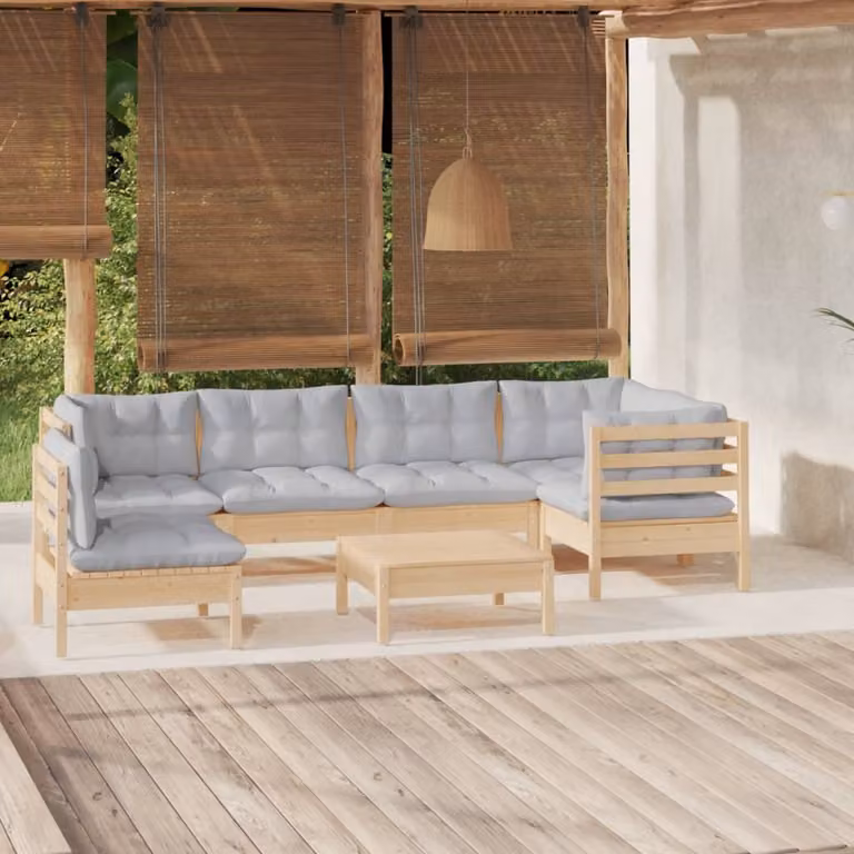 The Living Store Set da salotto da giardino 7 pezzi con cuscini grigi in legno di pino