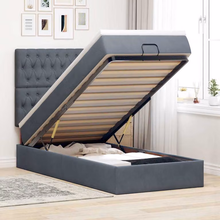 Letto con contenitore e materasso vidaXL in velluto, L/P/H: 203 x 140 x 100 cm, Grigio e Bianco