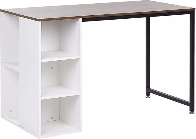 Scrivania da ufficio BELIANI in stile industrial con piano in legno marrone, struttura in metallo nero e ripiani bianchi, L: 120 cm, P: 60 cm, H: 75 cm