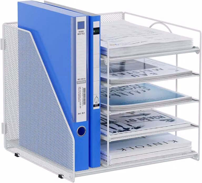 Organizzatore da scrivania con 6 scomparti, in metallo, formato A4, bianco, per l'ufficio